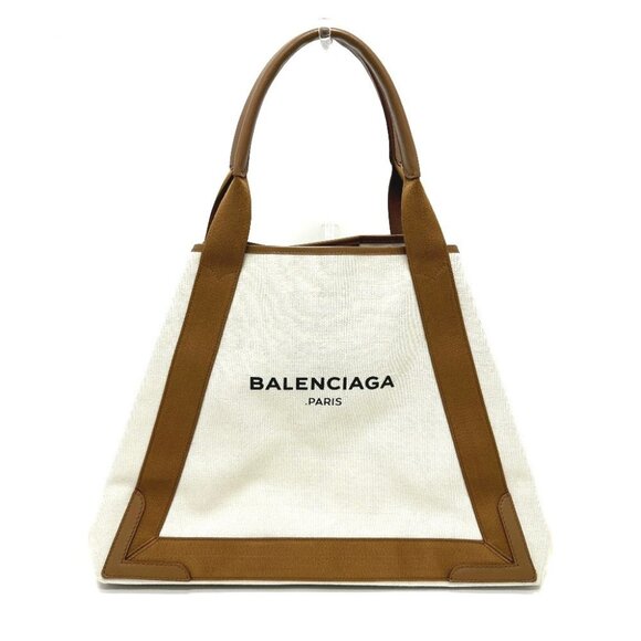 BALENCIAGA 339936 Navy Kabas M bag shawl Tote Bag Canvas/Leather Beige/Brown - Picture 1 of 15